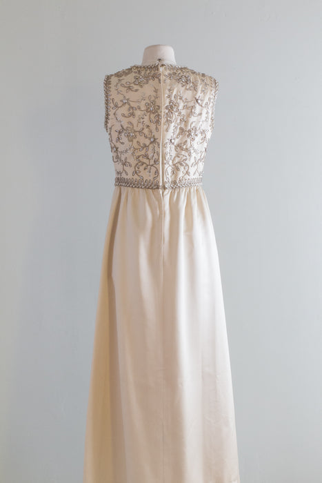 Elegant 1960's Ivory Silk Evening Gown By Nat Kaplan / Waist 28-30