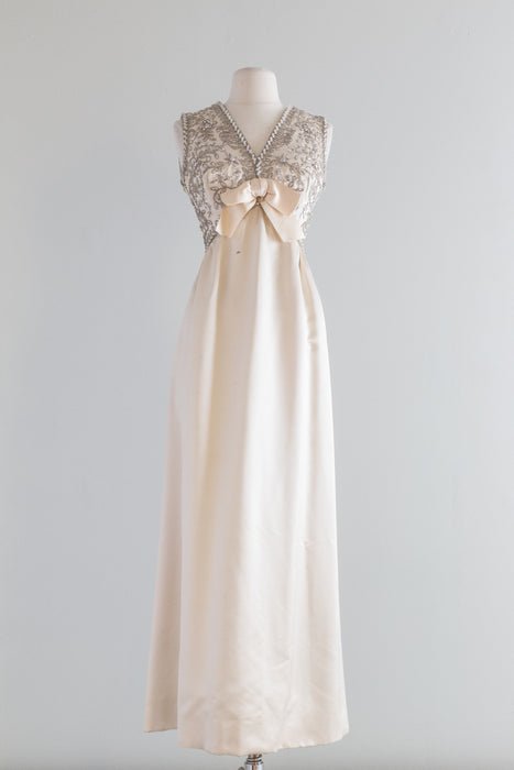 Elegant 1960's Ivory Silk Evening Gown By Nat Kaplan / Waist 28-30