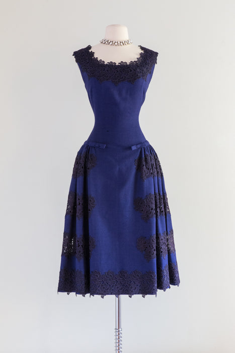 RARE 1950's Fernanda Gattinoni Couture Dress in Blue Linen / Waist 27