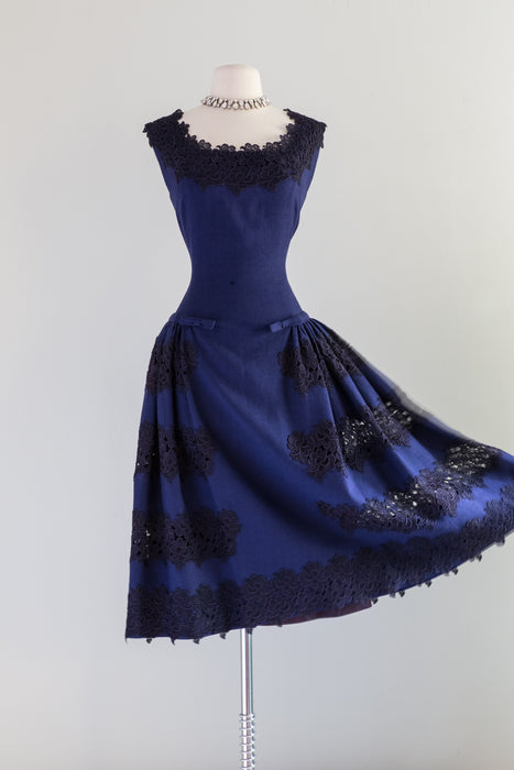 RARE 1950's Fernanda Gattinoni Couture Dress in Blue Linen / Waist 27