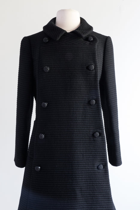 1960's Black Wool Structured Coat With Decorative Buttons & Blue Lining / Small