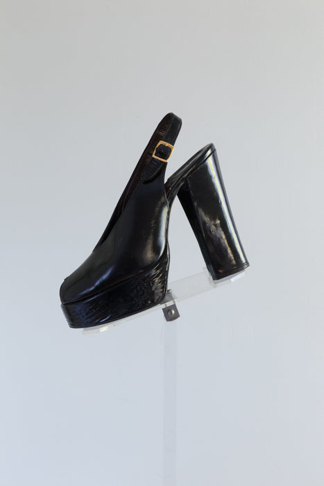1970's Frank More Black Platform Peep-Toe Heels / 7 N