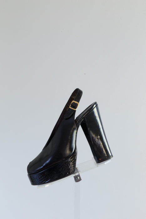 1970's Frank More Black Platform Peep-Toe Heels / 7 N
