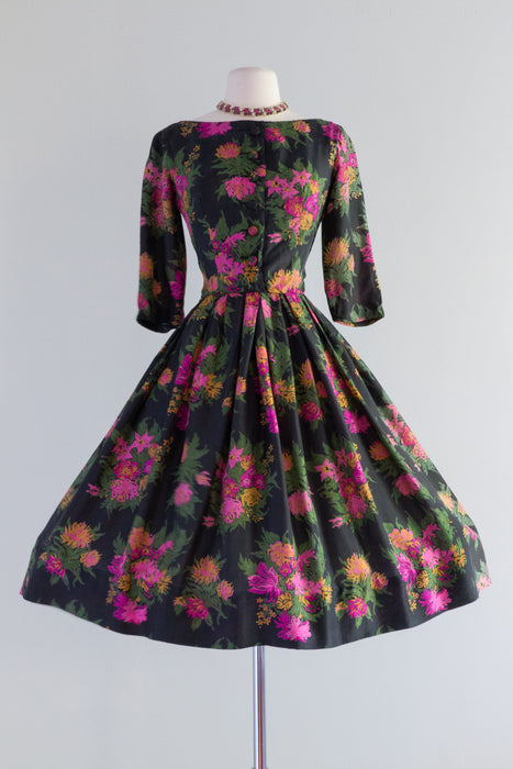 Beautiful 1950's Silk Floral Cocktail Dress By Gigi Young / Waist 25"
