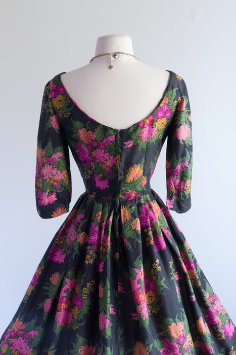 Beautiful 1950's Silk Floral Cocktail Dress By Gigi Young / Waist 25"