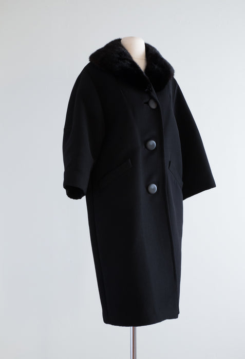 Elegant 1960's Black Wool & Mink Cocoon Coat /  Large