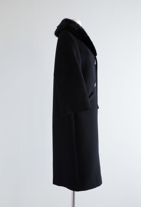 Elegant 1960's Black Wool & Mink Cocoon Coat /  Large