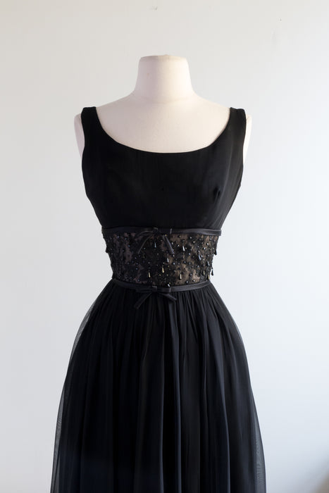 Elegant 1960's Black Chiffon Evening Gown With Illusion Waist and Beading / Small