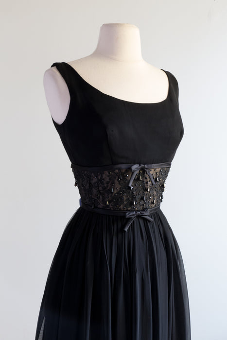 Elegant 1960's Black Chiffon Evening Gown With Illusion Waist and Beading / Small