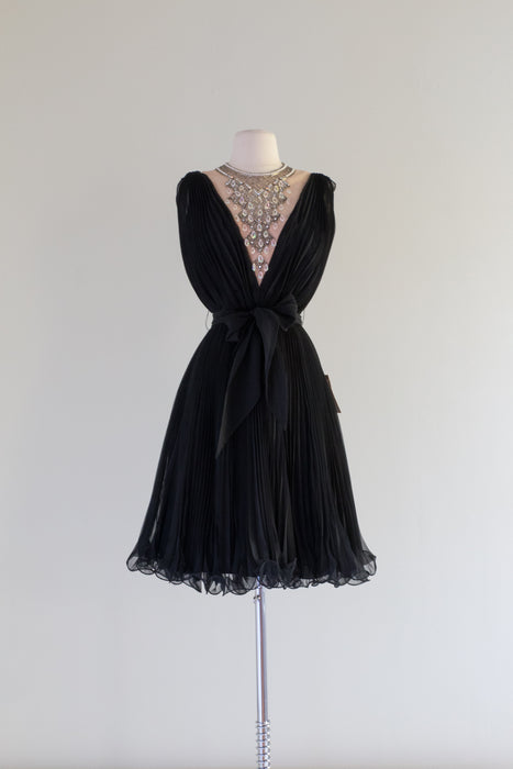 Iconic 1960's Pleated Chiffon Cocktail Dress With Crystal Illusion Bodice By Jack Bryan / Small