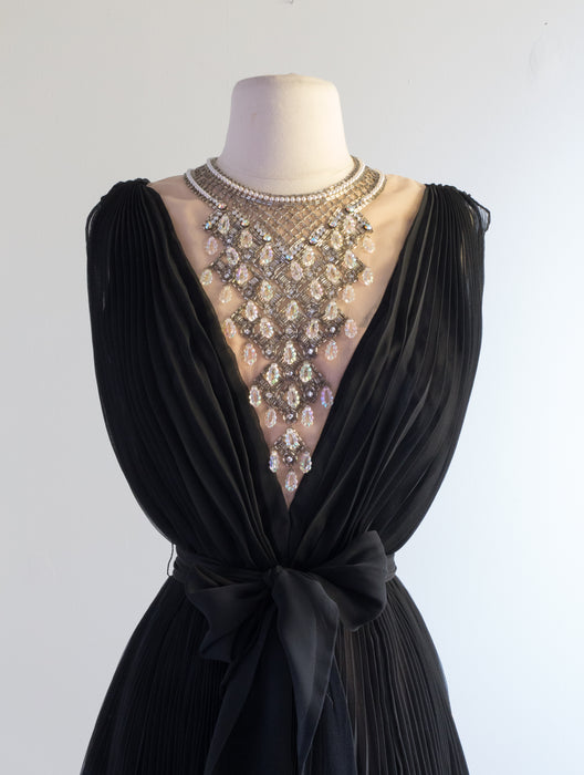 Iconic 1960's Pleated Chiffon Cocktail Dress With Crystal Illusion Bodice By Jack Bryan / Small