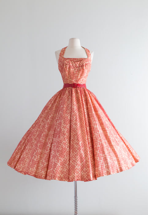 Vintage 1950's Cotton Polka Dot Halter Dress With Lace Overlay / Waist 24