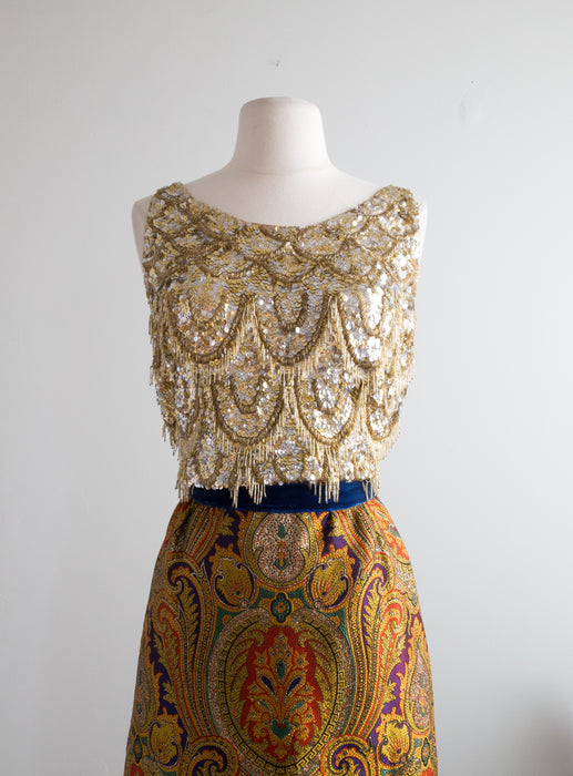 Vintage 1960's Heavily Beaded Gold Knit Top / SM