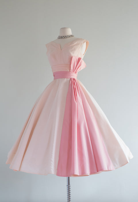 Pretty in Pink 1950's Party Dress With Full Skirt and Pink Sash / Waist 24