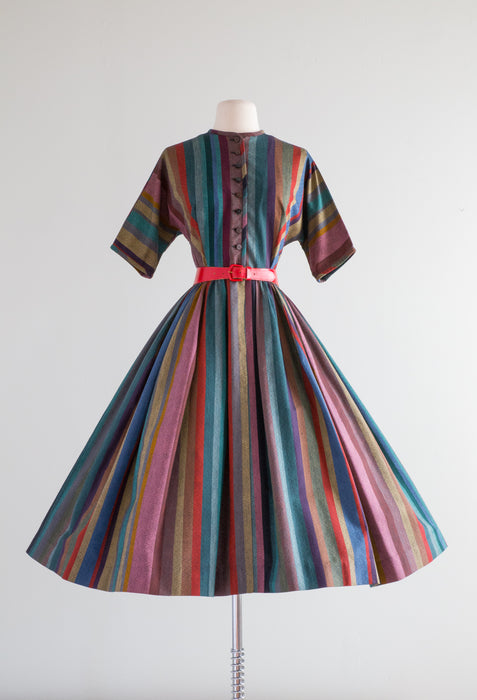 1950's Rainbow Striped Cotton Dress With Full Skirt / Waist 26"