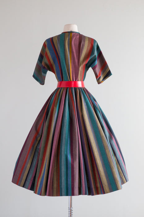 1950's Rainbow Striped Cotton Dress With Full Skirt / Waist 26"