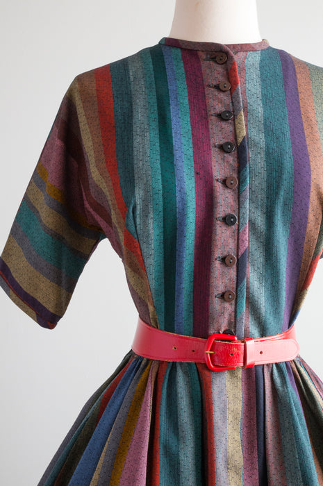 1950's Rainbow Striped Cotton Dress With Full Skirt / Waist 26"