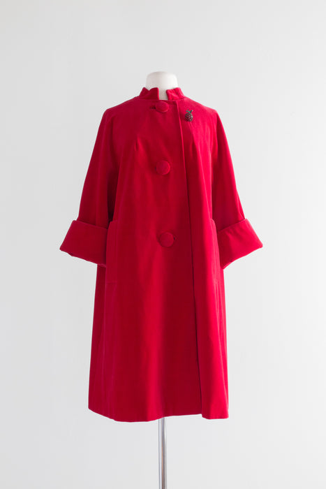 1950's Shocking Pink Red Velvet Swing Coat / ML