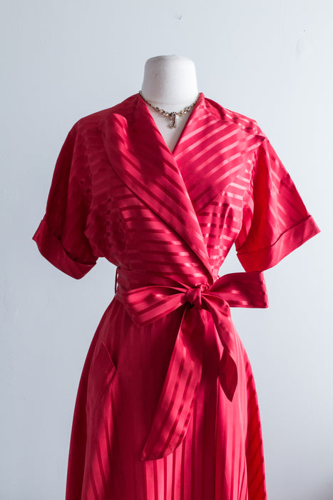 Late 1940's Candy Cane Striped Red Satin Dressing Gown By Flobert / Medium