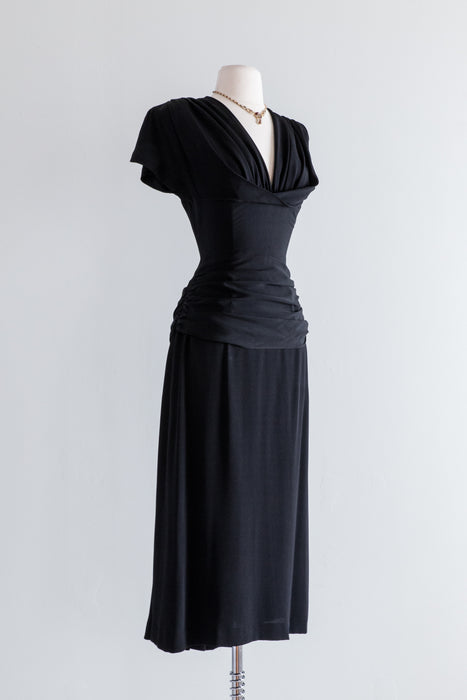 1940's Femme Fatale Perfectly Draped Black Cocktail Dress / Waist 27"