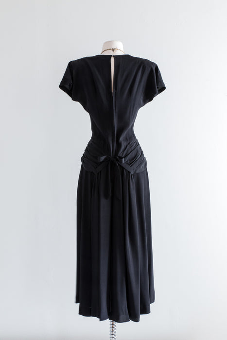 1940 cocktail dresses 1940's Femme Fatale Perfectly Draped Black Cocktail Dress / Waist 27" Xtabay Vintage