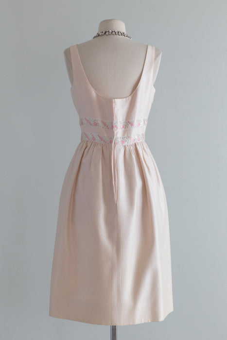 1960's Little Pink Cocktail Dress With Silver Trim And Bow / XS