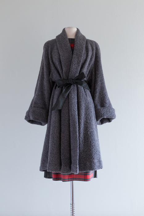 Fabulous Rare Early 1950's New Look Grey Wool Swing Coat With Poodle Lining and Leather Belt / Medium