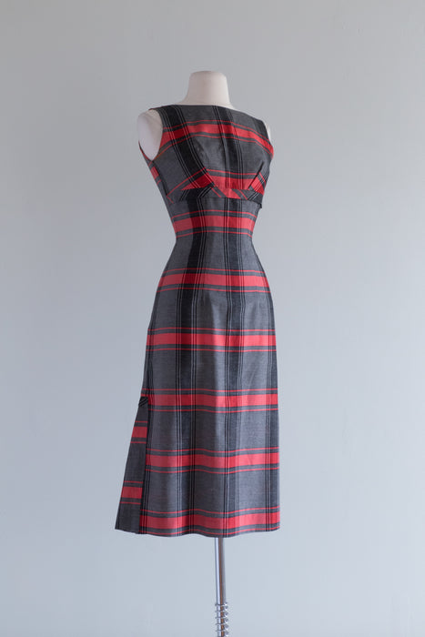1950's Sexy Plaid Wiggle Dress With Back Pleats and Bow / Waist 25"