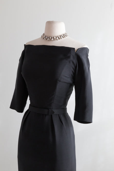Sublime 1950's Little Black Silk Cocktail Dress By Designer Ben Reig / Waist 28"