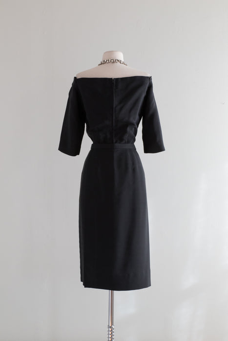 Sublime 1950's Little Black Silk Cocktail Dress By Designer Ben Reig / Waist 28"