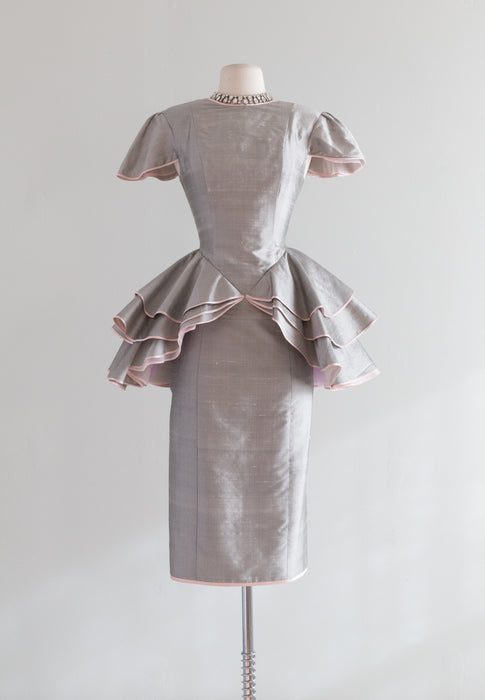 Vintage Grey Silk Dupioni Cocktail Dress With Pink Trimmed Peplum / Waist 27