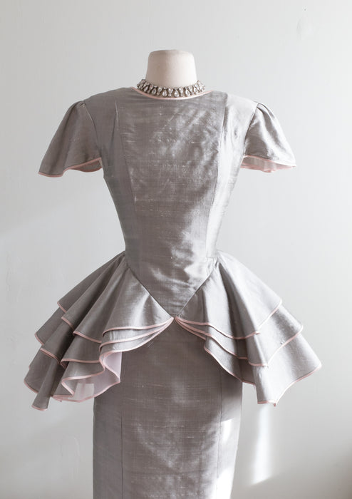 Vintage Grey Silk Dupioni Cocktail Dress With Pink Trimmed Peplum / Waist 27