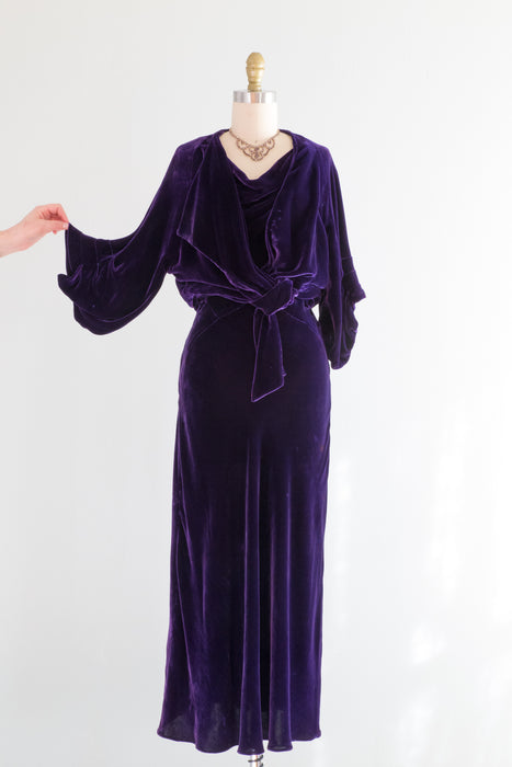 1930's Concord Grape Silk Velvet Bias Cut Dress & Jacket Set / Small