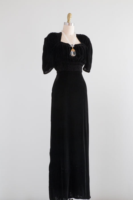 Dramatic 1930's Silk Velvet Evening Gown With Cartridge Sleeves / Waist 26"