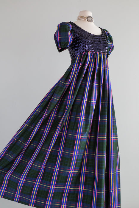 Late 1960's Plaid Taffeta Empire Waist Evening Gown With Pockets / Medium
