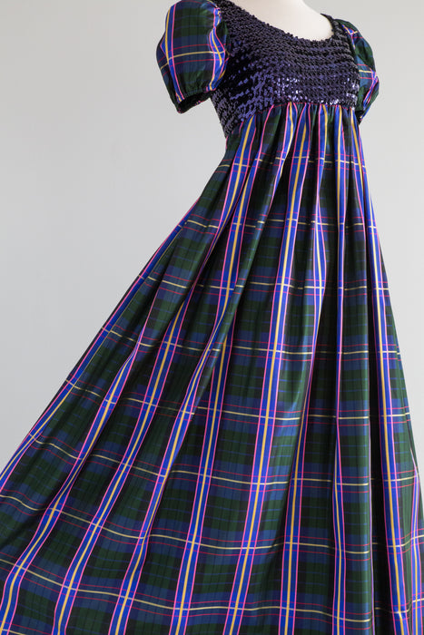 Late 1960's Plaid Taffeta Empire Waist Evening Gown With Pockets / Med Xtabay Vintage Late 1960's Plaid Taffeta Empire Waist Evening Gown With Pockets / Med Xtabay Vintage
