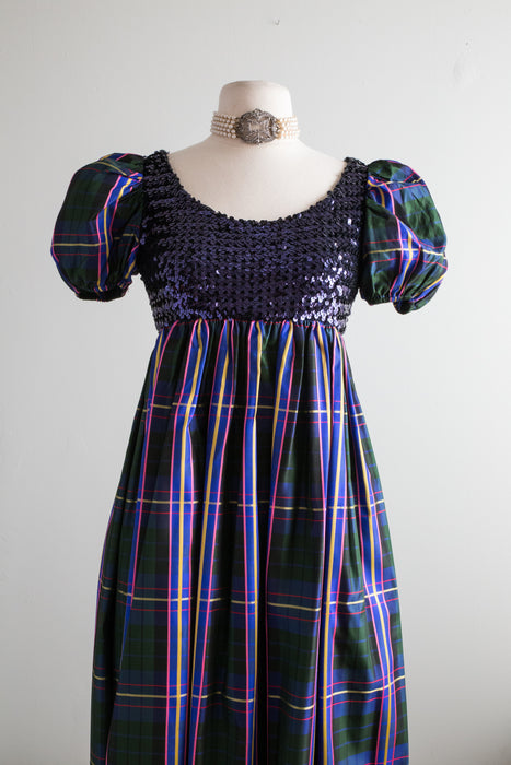 Late 1960's Plaid Taffeta Empire Waist Evening Gown With Pockets / Med Xtabay Vintage Late 1960's Plaid Taffeta Empire Waist Evening Gown With Pockets / Med Xtabay Vintage