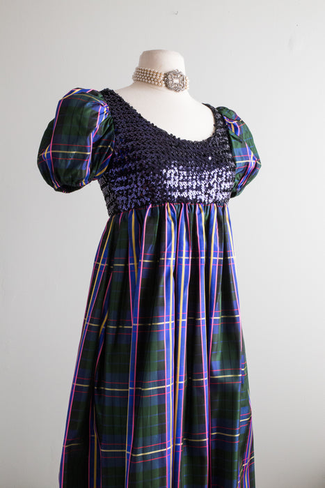 Late 1960's Plaid Taffeta Empire Waist Evening Gown With Pockets / Medium