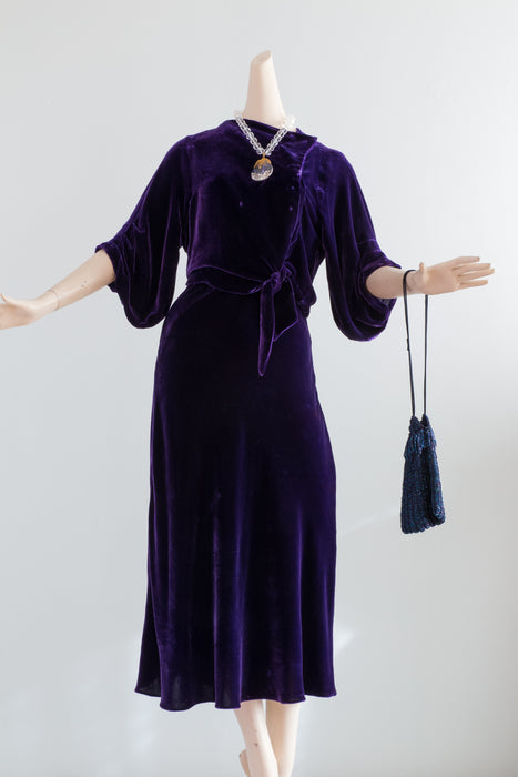 1930's Concord Grape Silk Velvet Bias Cut Dress & Jacket Set / Small