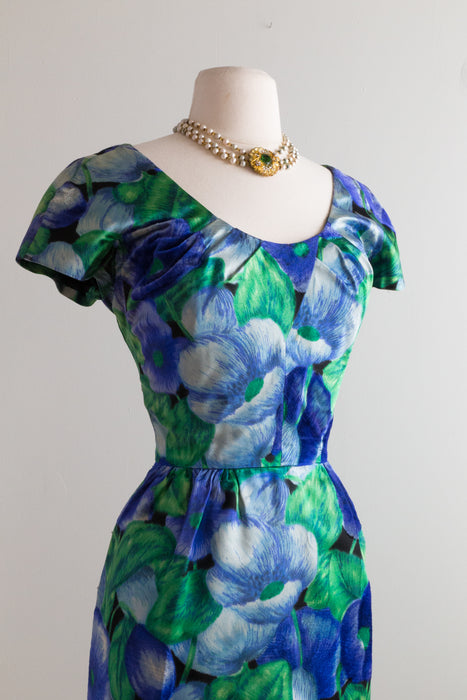 Exquisite Late 50's I Magnin Blue Floral Cocktail Dress / Waist 27"