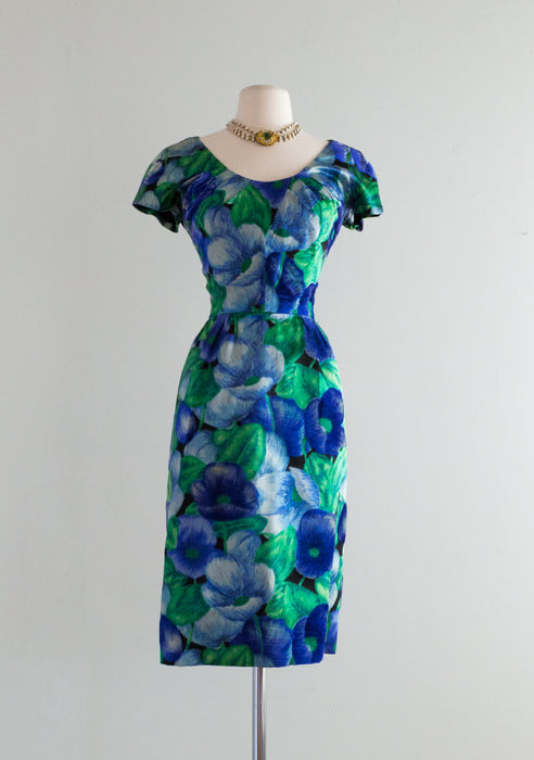 Exquisite Late 50's I Magnin Blue Floral Cocktail Dress / Waist 27"