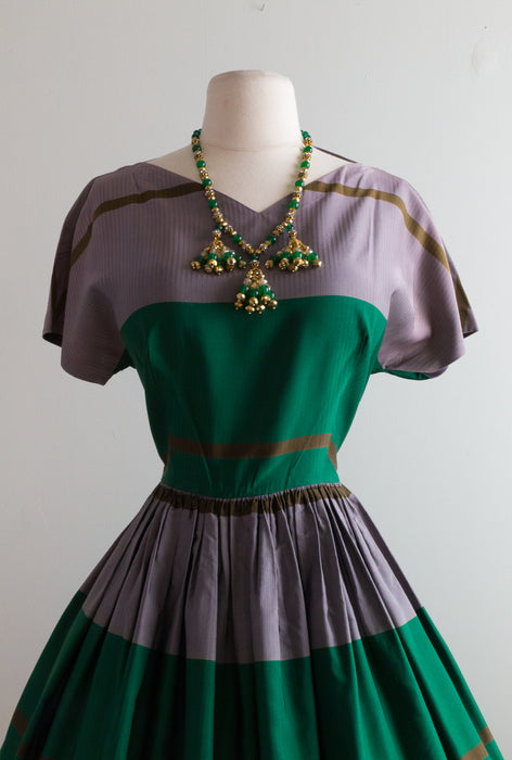 Fabulous Early 1950's Grey and Green Striped Party Dress / Waist 30"