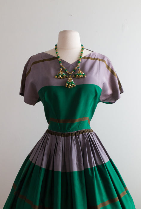 Fabulous Early 1950's Grey and Green Striped Party Dress / Waist 30"
