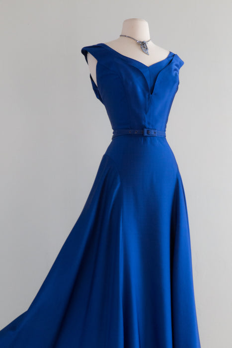 Gorgeous Late 1940's Sapphire Blue Evening Gown / Waist 28"