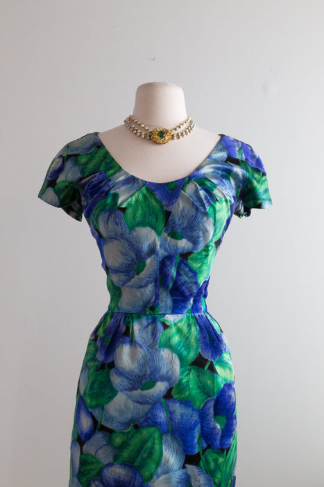 Exquisite Late 50's I Magnin Blue Floral Cocktail Dress / Waist 27"