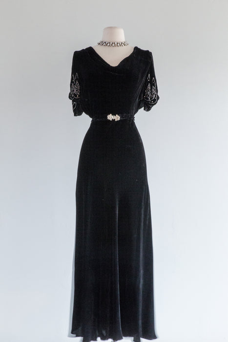 Black 1930's Silk Velvet Beaded Bias Cut Gown With Scalloped Sleeves / Size Medium Large