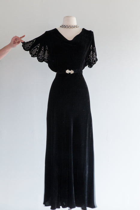 Black 1930's Silk Velvet Beaded Bias Cut Gown With Scalloped Sleeves / Size Medium Large