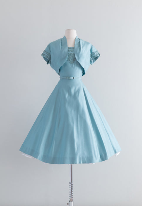 1950's Icicle Blue Party Dress With Rhinestones & Soutache By Minx Modes / Waist 26