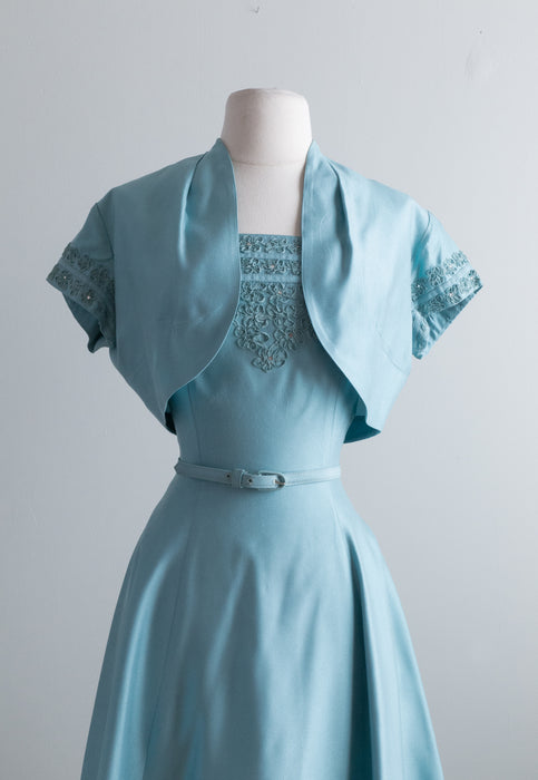 1950's Icicle Blue Party Dress With Rhinestones & Soutache By Minx Modes / Waist 26
