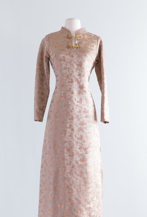 Elegant 1960's Silk Cheongsam Gown With Hot Pink Lining / Medium